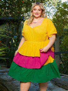 SHEIN CURVE+ Plus Colourblock Sweetheart Neck Puff Sleeve Layered Hem Dress - Multicolor - View 1