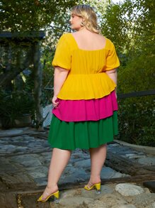 SHEIN CURVE+ Plus Colourblock Sweetheart Neck Puff Sleeve Layered Hem Dress - Multicolor - View 2