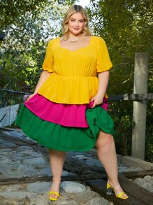 SHEIN CURVE+ Plus Colourblock Sweetheart Neck Puff Sleeve Layered Hem Dress - Multicolor - View 4