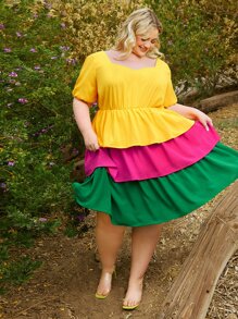 SHEIN CURVE+ Plus Colourblock Sweetheart Neck Puff Sleeve Layered Hem Dress - Multicolor - View 6