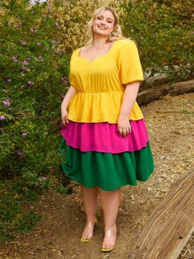 SHEIN CURVE+ Plus Colourblock Sweetheart Neck Puff Sleeve Layered Hem Dress - Multicolor - View 7