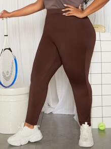 SHEIN CURVE+ Plus Solid High Waist Leggings - Coffee Brown - View 4