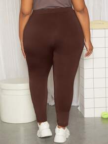 SHEIN CURVE+ Plus Solid High Waist Leggings - Coffee Brown - View 2