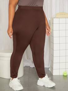 SHEIN CURVE+ Plus Solid High Waist Leggings - Coffee Brown - View 1