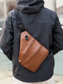 Men Zip Front Sling Bag - Brown - View 1