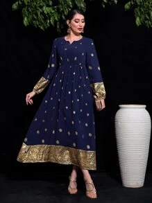 Al Najma Gold Floral Print Notched Neckline Contrast Trim Dress - Navy Blue - View 1