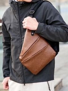 Men Zip Front Sling Bag - Brown - View 5
