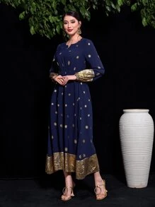 Al Najma Gold Floral Print Notched Neckline Contrast Trim Dress - Navy Blue - View 3