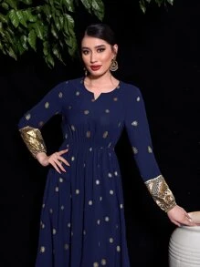 Al Najma Gold Floral Print Notched Neckline Contrast Trim Dress - Navy Blue - View 4