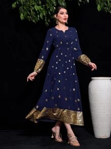 Al Najma Gold Floral Print Notched Neckline Contrast Trim Dress - Navy Blue - View 5