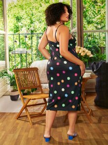 SHEIN CURVE+ Plus Floral Print Cami Dress - Black - View 2