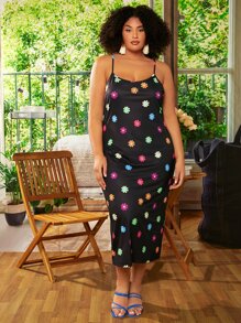SHEIN CURVE+ Plus Floral Print Cami Dress - Black - View 3