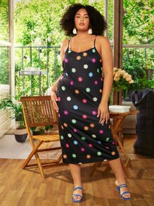 SHEIN CURVE+ Plus Floral Print Cami Dress - Black - View 4