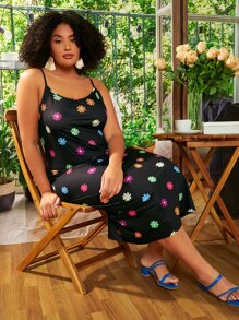 SHEIN CURVE+ Plus Floral Print Cami Dress - Black - View 5
