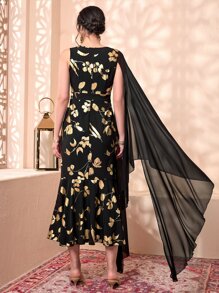 Divindia Gold Floral Print Contrast Mesh Cloak Sleeve Ruffle Hem Dress - Multicolor - View 2
