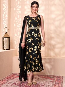 Divindia Gold Floral Print Contrast Mesh Cloak Sleeve Ruffle Hem Dress - Multicolor - View 3