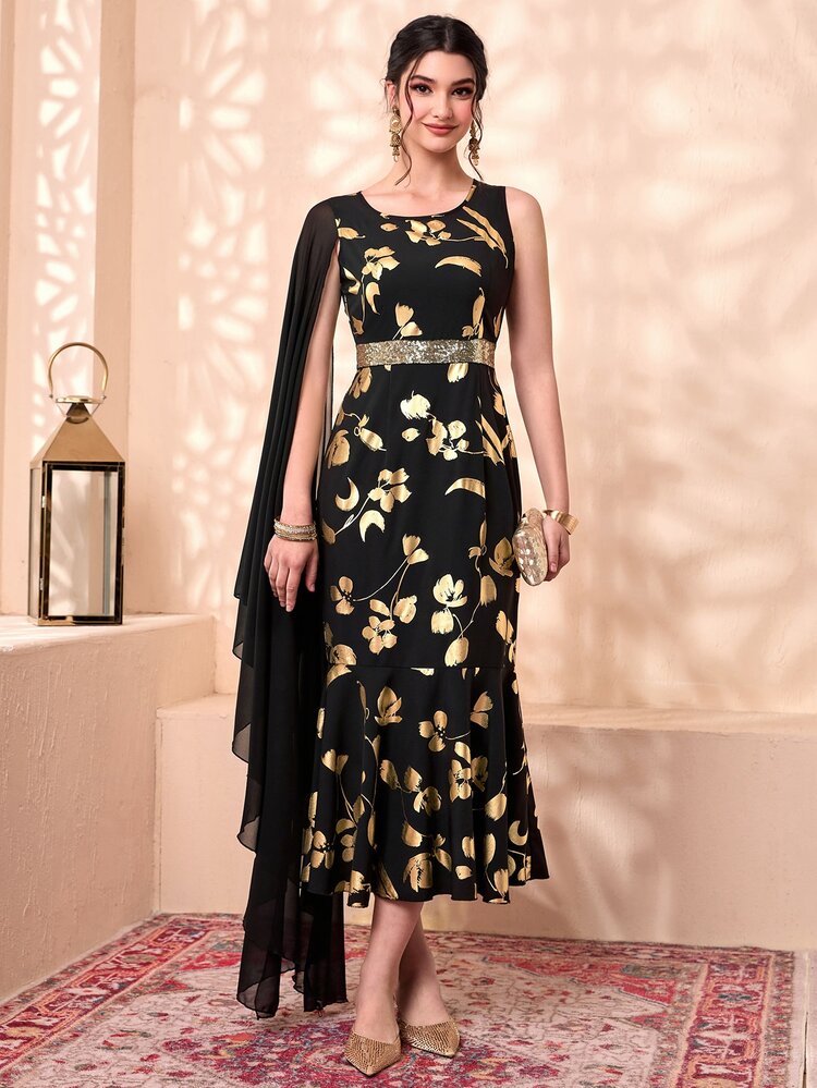 Divindia Gold Floral Print Contrast Mesh Cloak Sleeve Ruffle Hem Dress - Multicolor - View 3