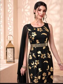 Divindia Gold Floral Print Contrast Mesh Cloak Sleeve Ruffle Hem Dress - Multicolor - View 4