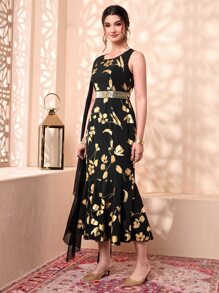 Divindia Gold Floral Print Contrast Mesh Cloak Sleeve Ruffle Hem Dress - Multicolor - View 5