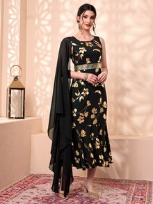 Divindia Gold Floral Print Contrast Mesh Cloak Sleeve Ruffle Hem Dress - Multicolor - View 6