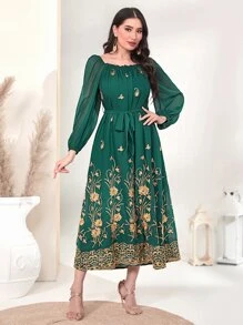 Al Najma 貼花方領燈籠袖繫腰帶洋裝 - 墨綠色 - 查看 1