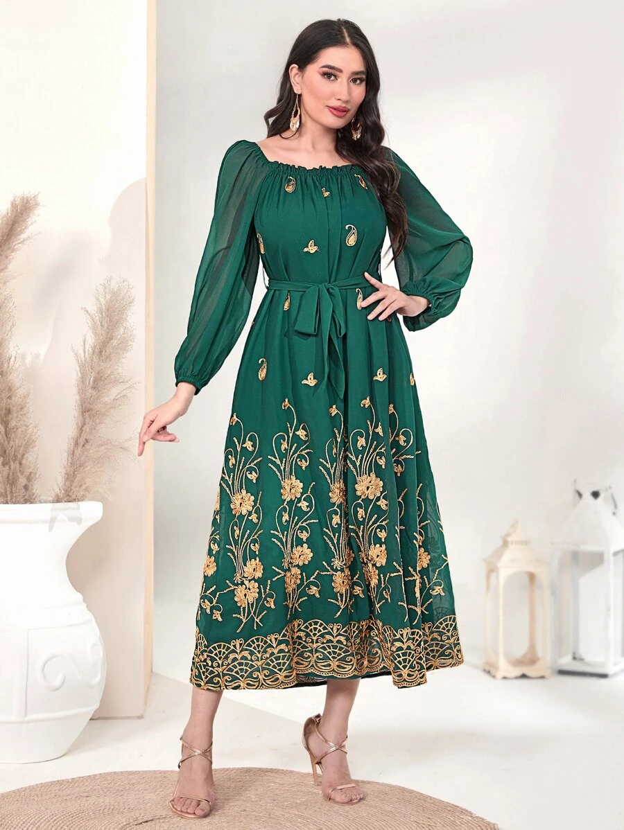 Al Najma 貼花方領燈籠袖繫腰帶洋裝 - 墨綠色 - 查看 1