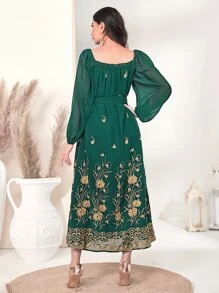 Al Najma 貼花方領燈籠袖繫腰帶洋裝 - 墨綠色 - 查看 2