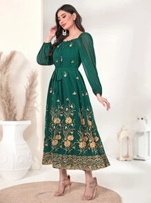 Al Najma 貼花方領燈籠袖繫腰帶洋裝 - 墨綠色 - 查看 3