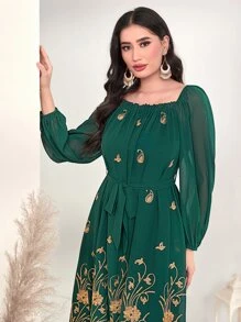Al Najma 貼花方領燈籠袖繫腰帶洋裝 - 墨綠色 - 查看 4