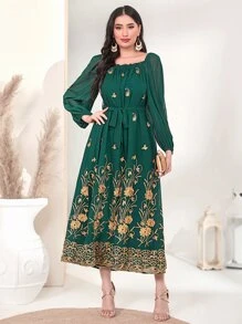 Al Najma 貼花方領燈籠袖繫腰帶洋裝 - 墨綠色 - 查看 5