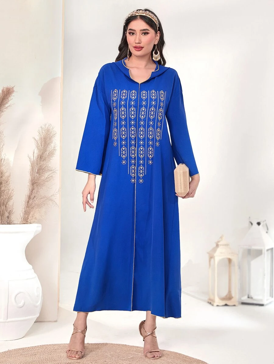 Al Najma 幾何印花連帽摩洛哥連身袍 - 寶藍色 - 查看 1