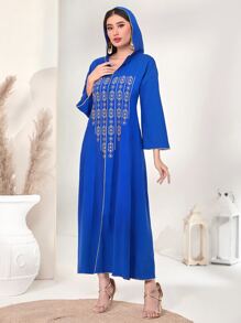 Al Najma 幾何印花連帽摩洛哥連身袍 - 寶藍色 - 查看 3