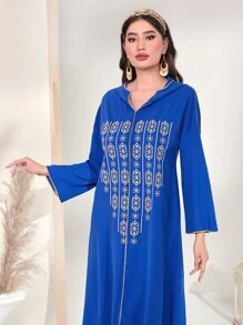 Al Najma 幾何印花連帽摩洛哥連身袍 - 寶藍色 - 查看 6