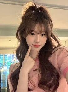 Tóc giả tổng hợp xoăn dài có mái - màu nâu - Xem 1