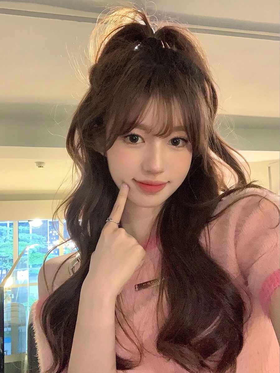 Tóc giả tổng hợp xoăn dài có mái - màu nâu - Xem 1