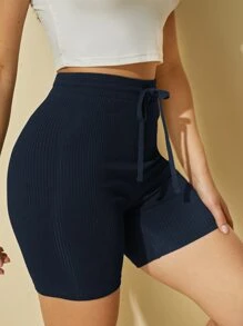 SHEIN EZwear Drawstring Waisted Rib-knit Cycling Shorts - Navy Blue - View 1