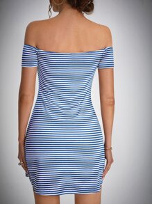 SHEIN Tall 條紋印花一字肩連衣裙 - 藍白色 - 查看 2