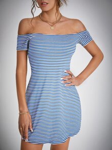 SHEIN Tall 條紋印花一字肩連衣裙 - 藍白色 - 查看 5