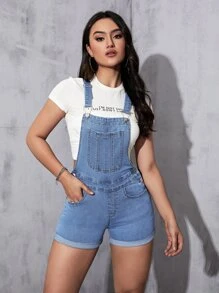 SHEIN EZwear Roll Up Hem Denim Dungaree Romper Without Tee - Light Wash - View 1