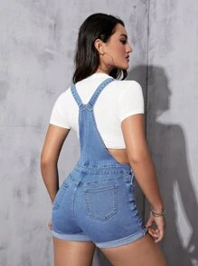 SHEIN EZwear Roll Up Hem Denim Dungaree Romper Without Tee - Light Wash - View 2