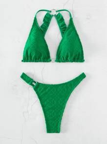 SHEIN Swim 環狀連接領口夏季海灘比基尼套裝 - 綠色 - 查看 5