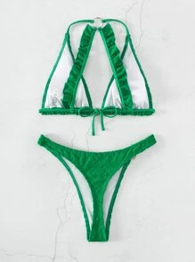 SHEIN Swim 環狀連接領口夏季海灘比基尼套裝 - 綠色 - 查看 6