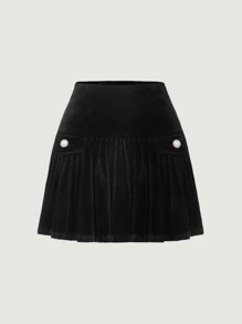 SHEIN MOD Button Detail Pleated Hem Velvet Skirt - Black - View 1