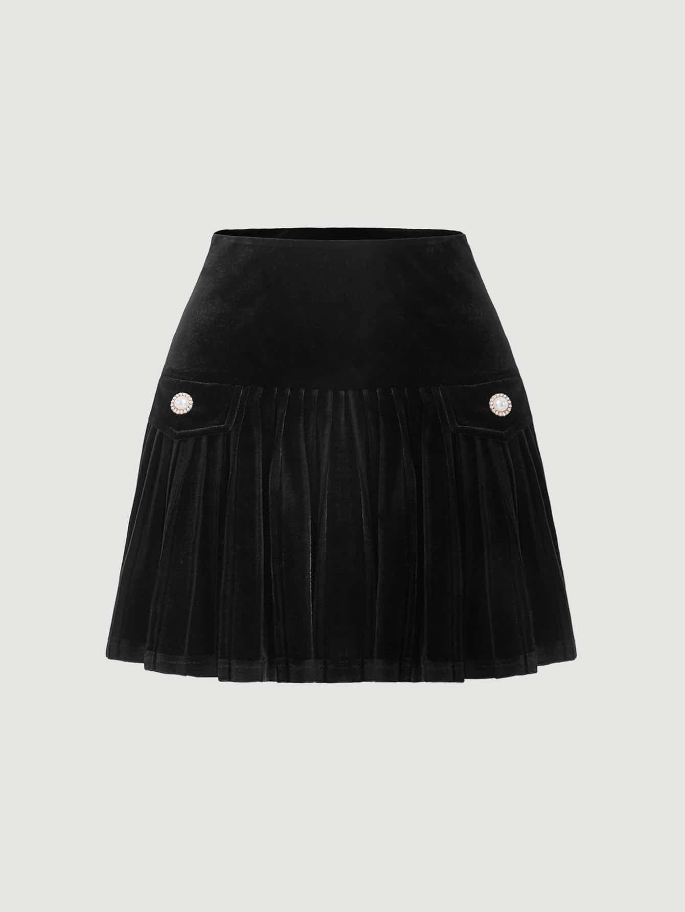 SHEIN MOD Button Detail Pleated Hem Velvet Skirt - Black - View 1