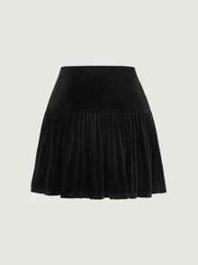 SHEIN MOD Button Detail Pleated Hem Velvet Skirt - Black - View 2