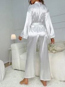 1 PC Letter Embroidery Detail Drop Shoulder Belted Top And 1 PC Trousers - White - View 2