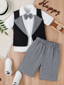 SHEIN 男孩前蝴蝶結襯衫和千鳥格印花下擺開叉西裝外套和短褲 - 黑與白 - 查看 1