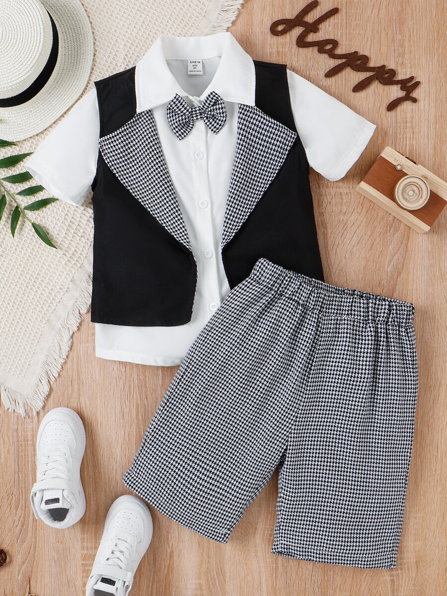 SHEIN 男孩前蝴蝶結襯衫和千鳥格印花下擺開叉西裝外套和短褲 - 黑與白 - 查看 1