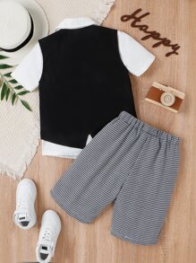 SHEIN 男孩前蝴蝶結襯衫和千鳥格印花下擺開叉西裝外套和短褲 - 黑與白 - 查看 2