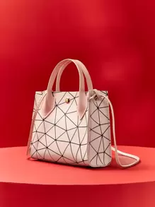 幾何圖案按紐扣手提包 - 粉色 - 查看 2